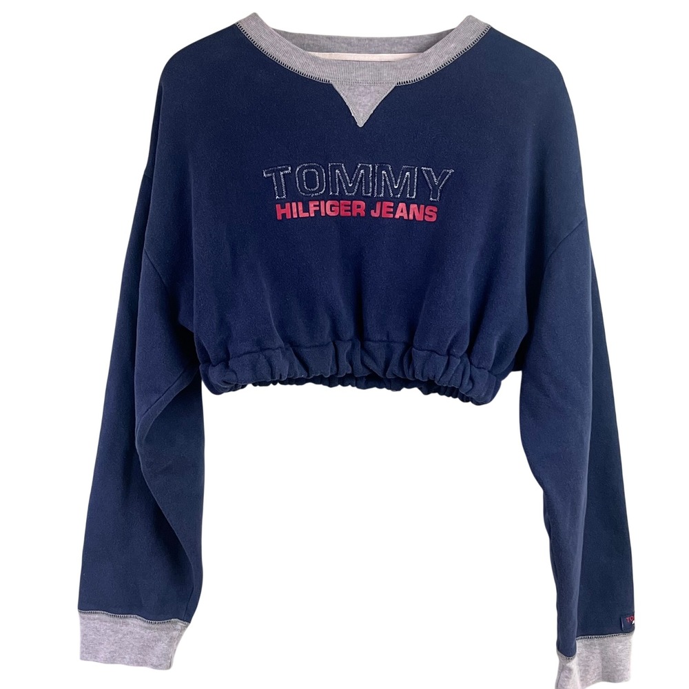 VTG Y2K Tommy Hilfiger Jeans Navy Cropped Elastic Waist Sweatshirt Large‎ Preppy
